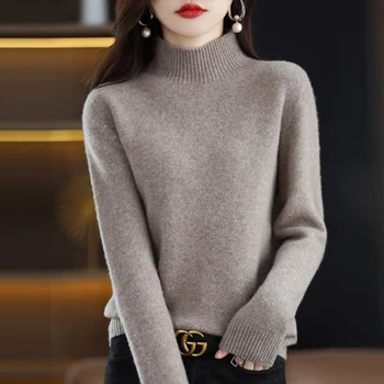 100% pure sveter dámy jeseň a v zime nový half-high-hrdlom farbou dlhým rukávom módne pribrala voľné pletený pulóver