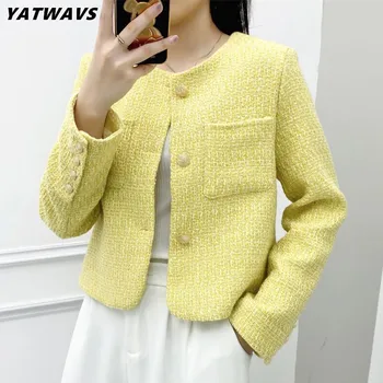 2022 Jeseň Nové Módne Singel Svojim Voľné Outwear Elegantné Žltá Tweed Bundy Kabáty Pre Ženy O Krk Dlhý Rukáv Žena Topy