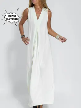2023 Nové Letné Nový Trend Pevný Farebný Pulóver tvaru Skladaný Split Bežné Elegantné Svetlom Dlhé Biele Šaty Ženy
