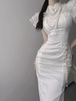 2023 Nový Čínsky Národný Cheongsam Biele Čipky Šaty Elegantné Vintage Ženy Dlhé Šaty Lietania Rukáv Sexy Qipao S2107