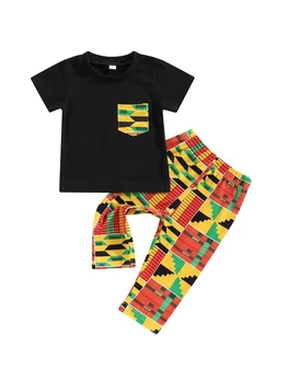 Batoľa, Dieťa, Chlapec, Dievča Oblečenie Afriky Geometrických Tlač Krátke Sleeve T-Shirt Top Nohavice 2ks Dashiki Ankara Oblečenie Set