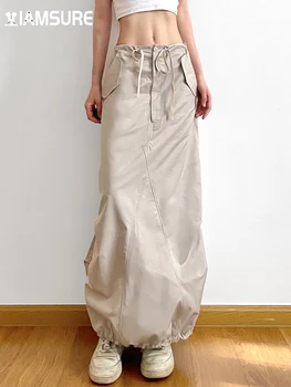 IAMSURE Safari Štýl Vrecká Split Rovno Sukne Casuual Streetwear Slim Mid-v strede zúžený Maxi Sukne Ženy 2023 Jeseň Zima Lady