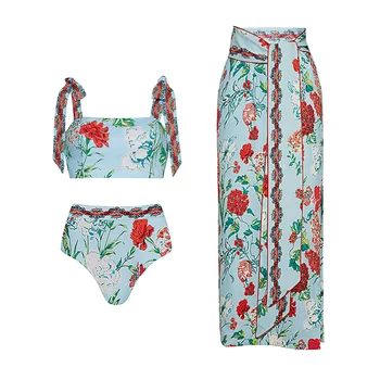 Kvetinový Vytlačené Dva Kusy Plavky a Sukne Kravatu-Ramenný Ženy 2023 Nové Plavky Retro Dovolenku Pláž, Kúpanie Backless Oblek
