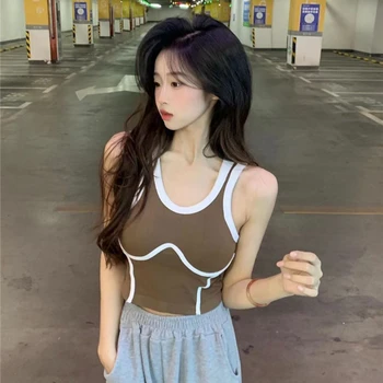 Kórejský 2023 Y2K Oblečenie, Pletené Elastické Slim Fit Nádrže Plodín Topy pre Ženy Vesta s Postavený V Podprsenka Tričká s Čalúneným Sexy Camis