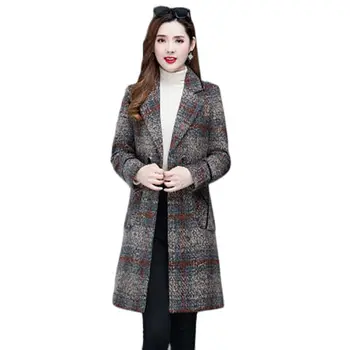 Na jar A na Jeseň Vlnené Kabát kórejská Verzia Trendy Ženy Stredného veku je Nové Koberčeky Vlnené Srsť Strednej dĺžky Dlhým rukávom Kockovaný Kabát