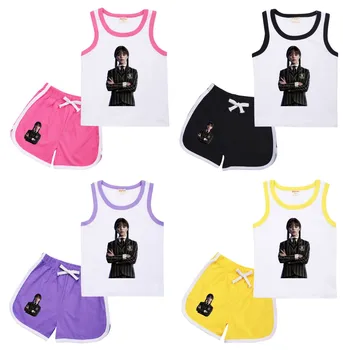 Nové Deti stredu Addams Oblečenie Sady Dievčatá Letné Oblečenie Krátky Rukáv Tlač Športové Odevy Deti T-tričko + Nohavice Oblečenie