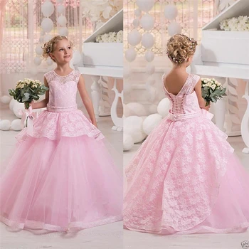 Nové Krásne Ružové Čipky Kvet Dievčatá Šaty Jewel Krku Deti Party Šaty Späť Perly Plesové Šaty, Deti Formálne Oblečenie Spp Rukávmi