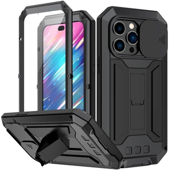Nové Shockproof Kovové puzdro Pre Iphone 14 13 Pro Max Plus Stojan Zabudovaný Fotoaparát Screen Protector Kryt Funda Coque