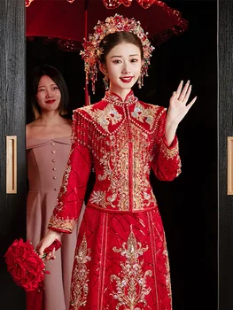 Nádherné Perlové Flitrami Výšivky Nevesta Svadobné Šaty Čínsky Štýl Manželstva Set Kostým Orientálne Oblečenie Toast