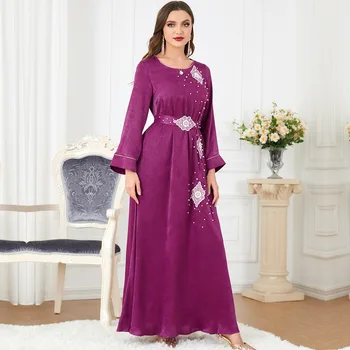Perlové Abaya arabčina Dlhé Šaty pre WomenRamadan Eid Belted Elegantné Moslimských Marocký Kaftan Dubaj Zálive Jalabiiya Islamské Oblečenie