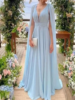 Sky blue (nebeská Modrá Šifón Riadok Večerné Šaty S Streamer Cape V Krku Backless Formálne Prom Šaty pre Ženy Zákazku