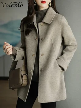 Vlnené Kabát Slim Módne Office Lady Námestie Golier Singel svojim Zimné Kabáty pre Ženy 2023 Široký-v strede zúžený Vrecku Čierny Plášť