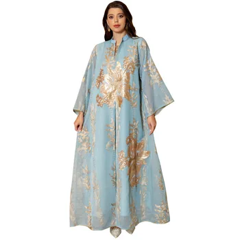 Zigui Elegantné Kaftan Šaty Žien Party Šaty Zlaté Výšivky Sequin Svetlo Modrá Šifón Abaya Moslimských Žien Oblečenie Šaty