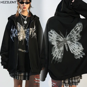 Ženy Hip Hop Streetwear Hoodies Ženy Bunda motýľ Tlače Kabát Goth Harajuku Y2k estetické Oblečenie grunge, Punk Bunda Zip-up