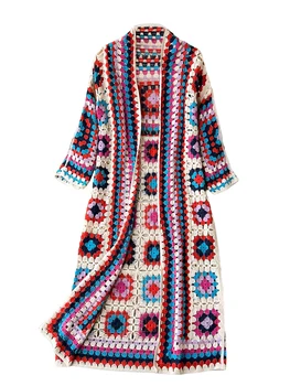 Ženy s Boho Kvetinový Háčkovanie Granny Square Cardigan Sveter - Vintage Dlhý Rukáv Otvoriť Predné Knitwear Kabát