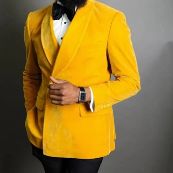 Žltá Velvet Bežné Muži Obleky s Manželskou Breasted pre Prom 2 kus Svadby Ženích Noblesný Človek Módne Nastaviť Sako Čierne Nohavice
